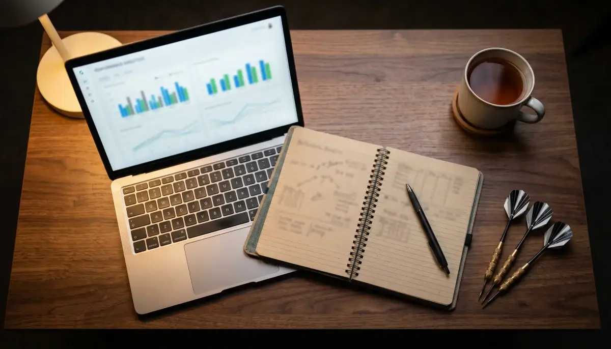 Laptop mit Sportwetten-Analyse neben einem Darts-Notizblock und Stift auf einem Schreibtisch